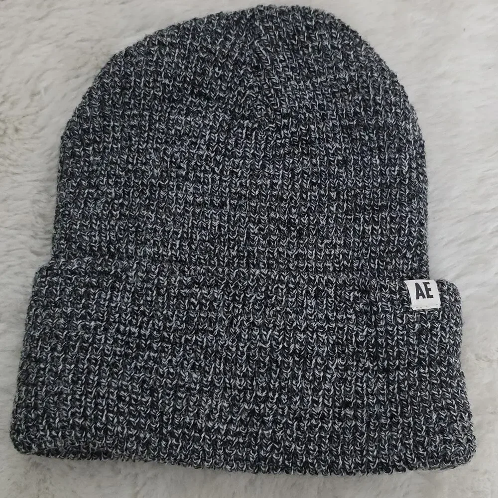 American Eagle Black Marbled Waffle Knit Beanie NWT Unisex Slouchy Winter Hat OS